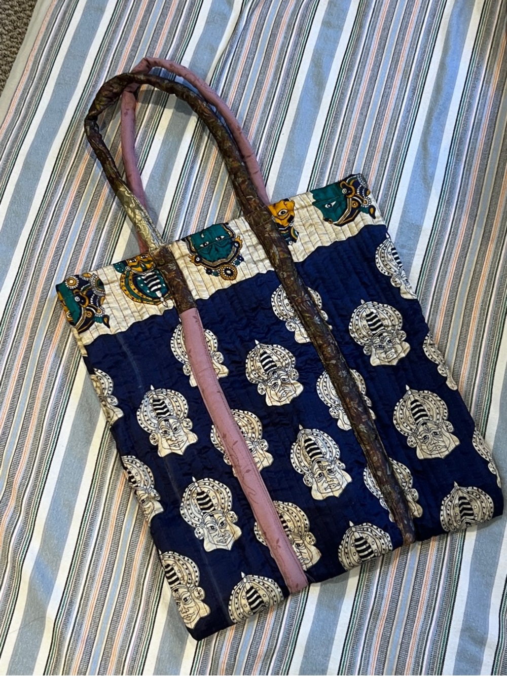 Quilted Navy Printed Tote Bag with Pink Accent
